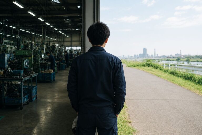 工場を眺める作業員